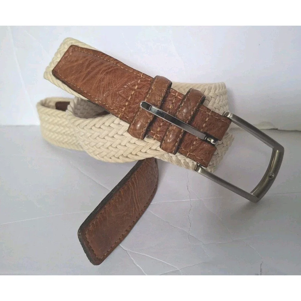 Kahala Torino Leather Mens Italian Woven Cotton Belt Beige Sz 38 69510 Golf Belt